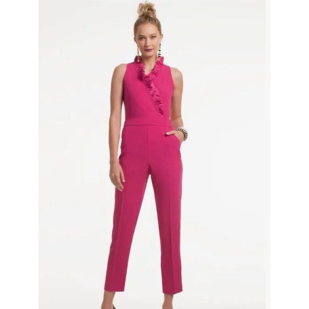 Trina Turk Pink Ruffle Front Sleeveless High Neck Jumpsuit Size 12 Lined